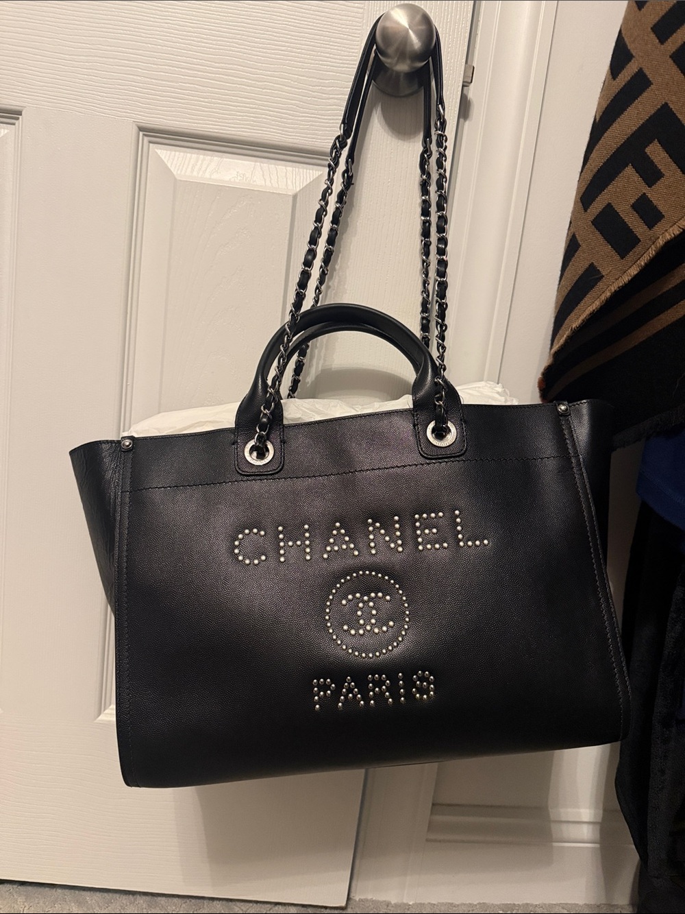 CHANEL Black Studded Logo Tote with Chain-Detail Handles - Picture 7 of 13